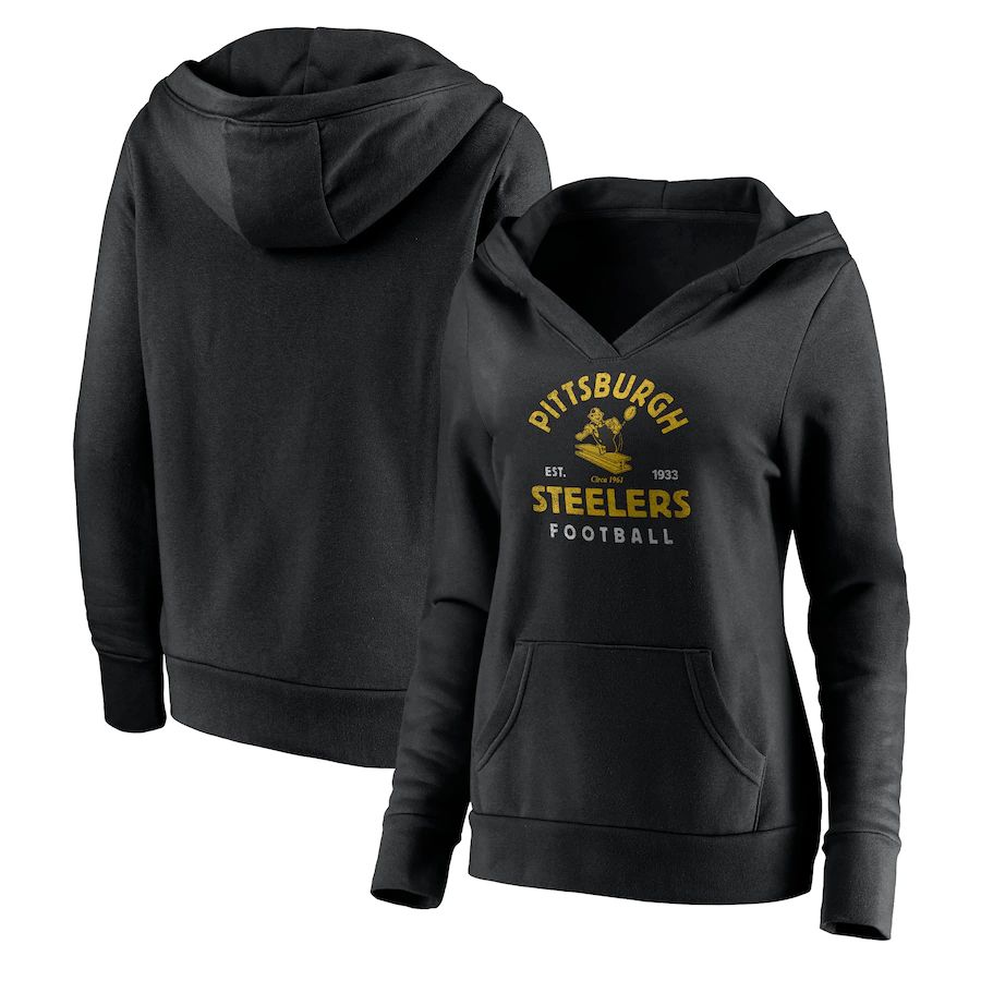 Women Pittsburgh Steelers Fanatics Branded Black Vintage Arch V-Neck Pullover Hoodie